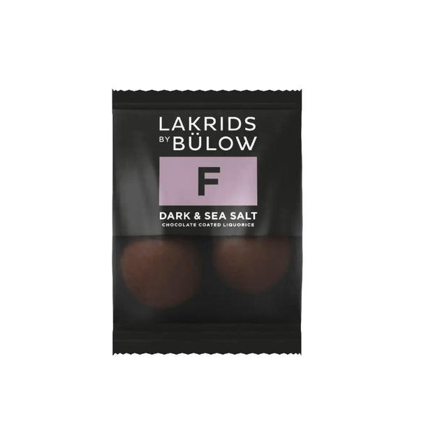 Lakrids by Bülow F - DARK & SEA SALT Flowpack 12 g med 2 kugler sød lakrids, mørk chokolade, mælkechokolade og havsalt