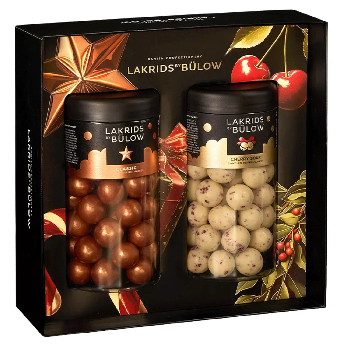 Lakrids by Bülow Gift Box Classic & Cherry gaveæske med Classic Caramel og Cherry Sour, glutenfri chokoladelakrids, 540 g
