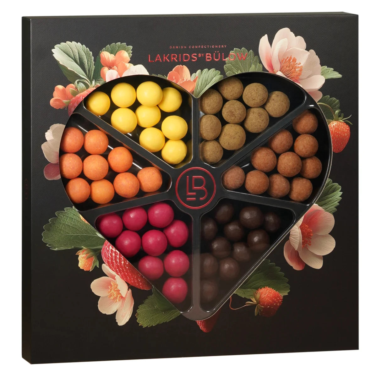Lakrids by Bülow Love Selection Box 435 g – hjerteformet gaveæske med blandede gourmetlakridser overtrukket med hvid, dulce, mælke- og mørk chokolade, frugtige og salte nuancer

