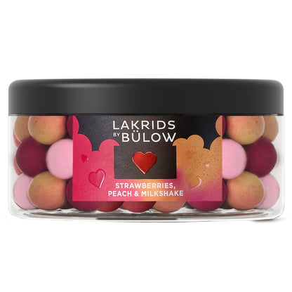 Lakrids by Bülow Mixed Love 515 g – gaveæske med blandede gourmetlakridser overtrukket med hvid chokolade og frugtige smage som jordbær, fersken og milkshake