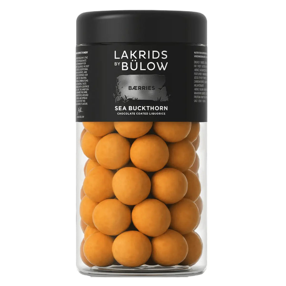 Lakrids by Bülow Sea Buckthorn Regular 270 g med sød lakrids, hvid chokolade og havtorn