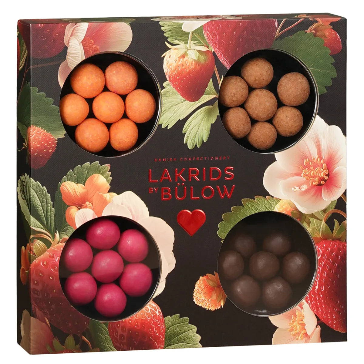 Lakrids by Bülow Small Love Selection Box 175 g – gaveæske med 4 varianter lakrids overtrukket med hvid, dulce, mælke- og mørk chokolade samt frugtige noter og havsalt