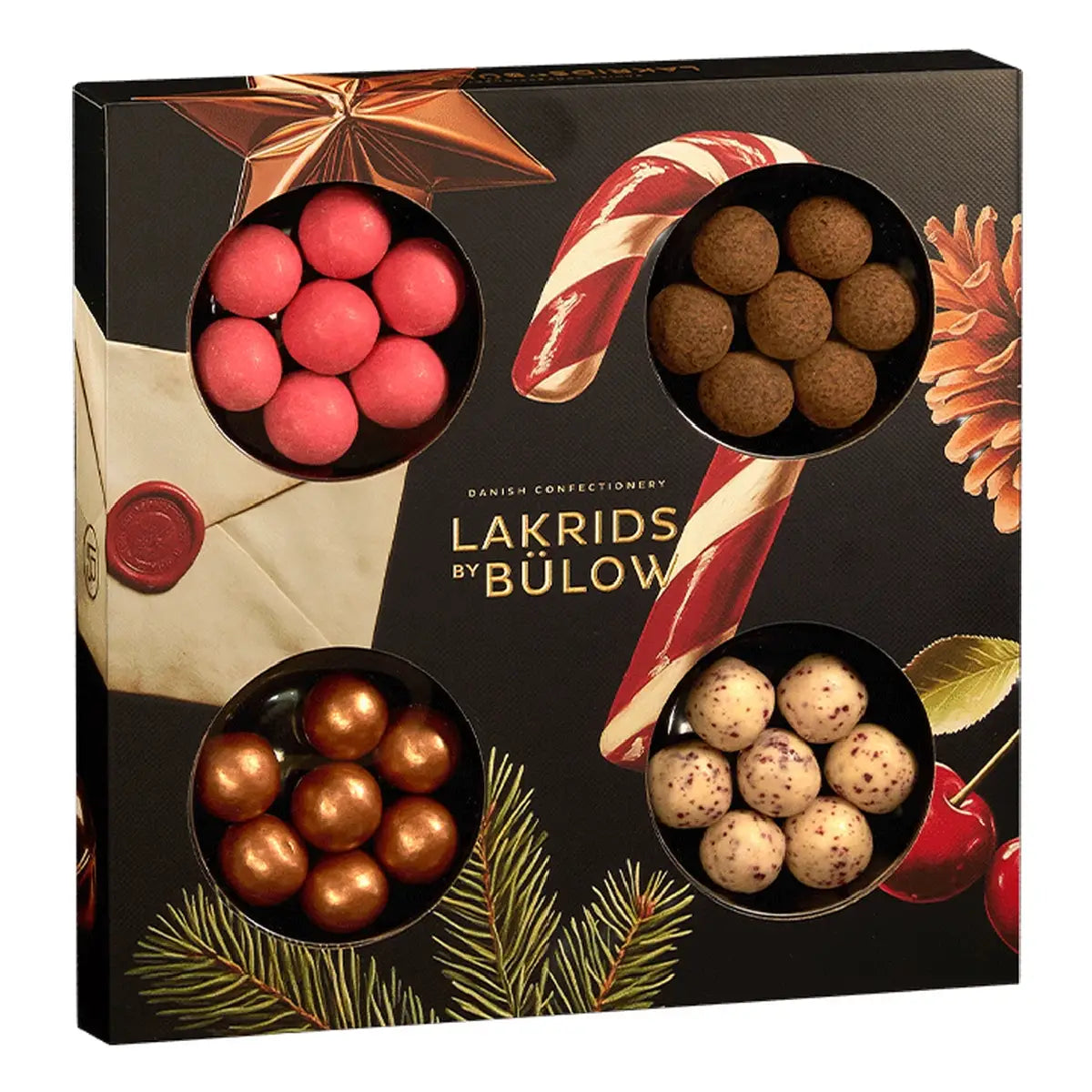 Lakrids by Bülow Small Winter Selection Box med Classic Caramel, Crispy Raspberry, Double Chocolate og Cherry Sour, 165 g