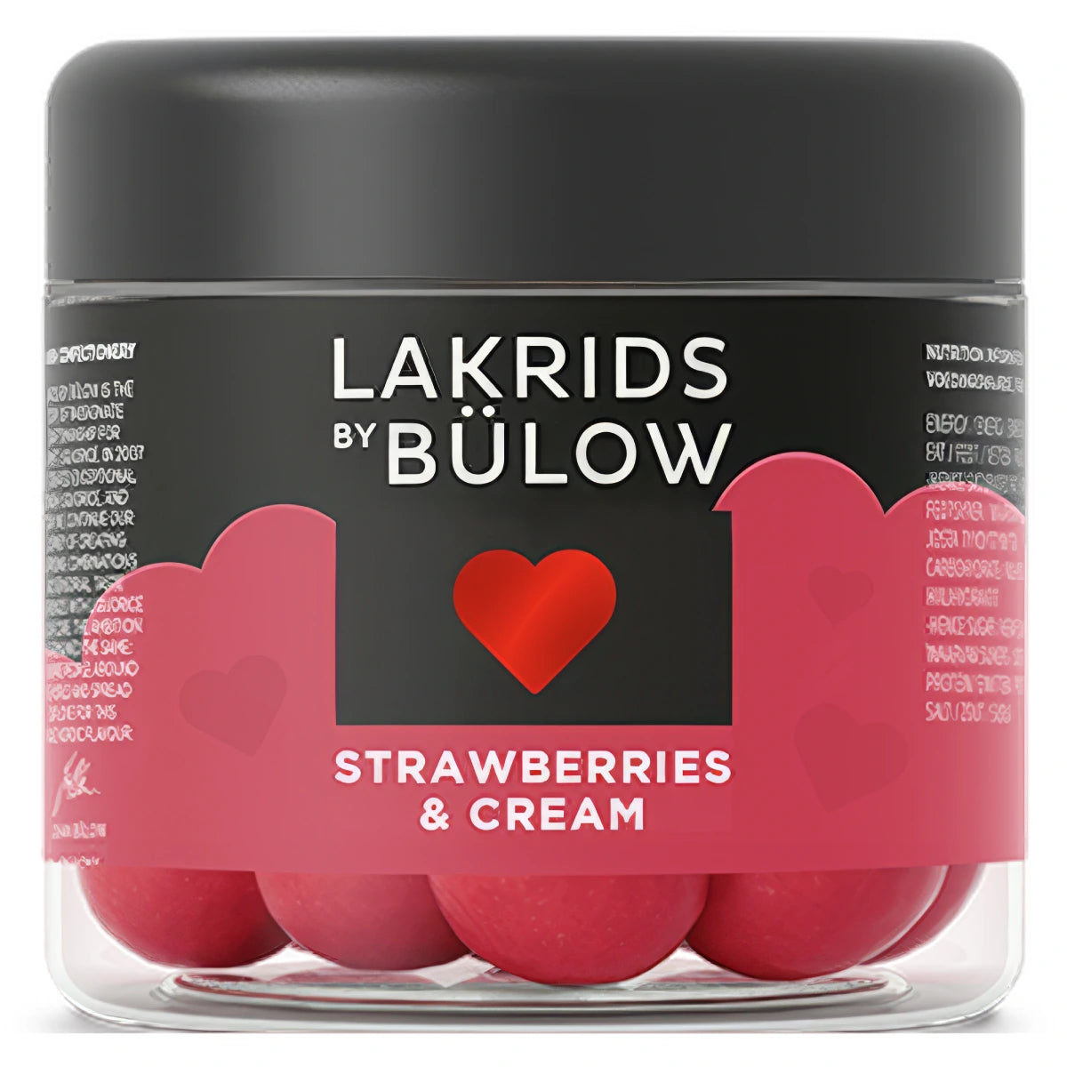 Lakrids by Bülow Strawberries & Cream Small 115 g – lille dåse med gourmetlakrids overtrukket med hvid chokolade, jordbær og fløde, frugtig smagsprofil
