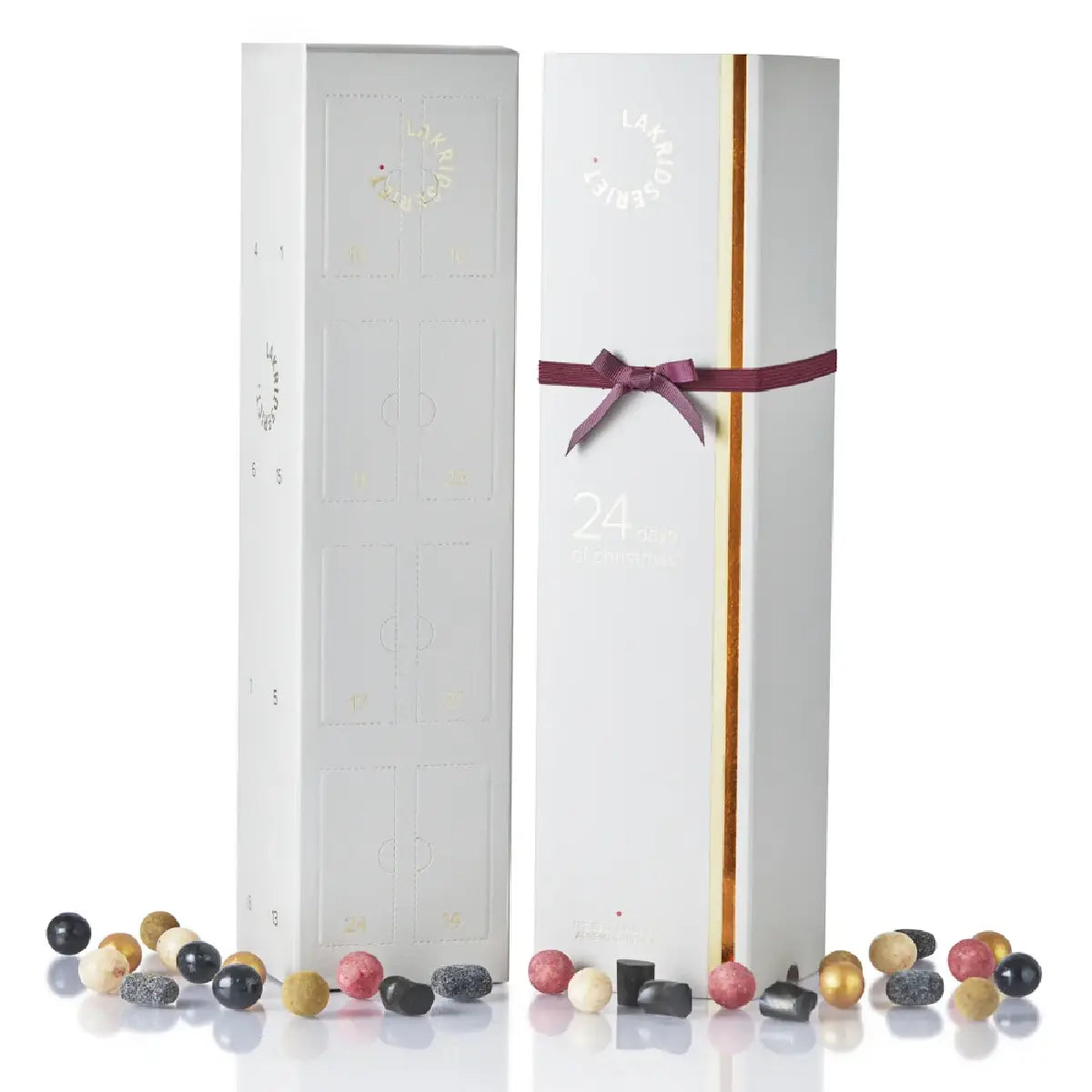 Lakridseriet Årets Julekalender til Lakridselskeren med 24 stykker lakrids, chokoladeovertrukket lakrids, vingummi, mandler og ren lakrids, 360 g