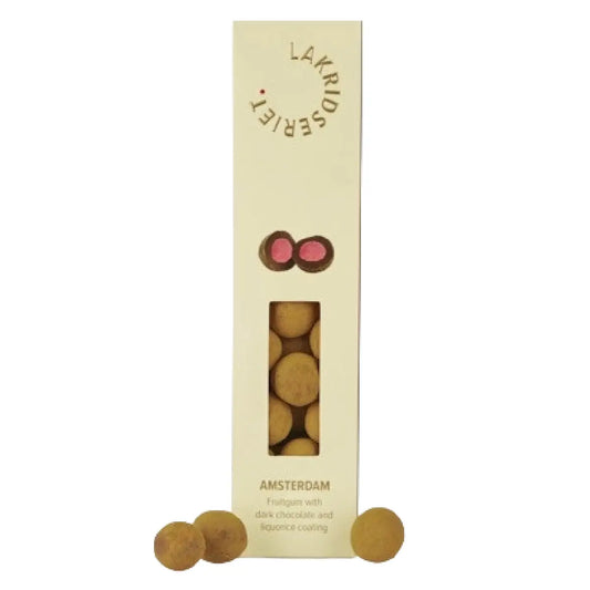 Lakridseriet Amsterdam hindbærvingummi med mørk chokolade og lakrids i designæske, ca. 170 g