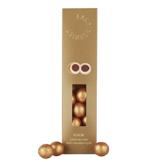 Lakridseriet Berlin salt lakrids med hvid chokolade og guld i guldfarvet designæske, ca. 170 g