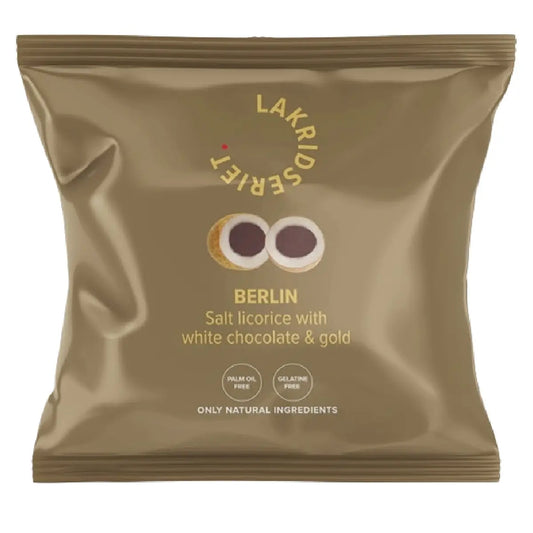 Lakridseriet Berlin salt lakrids med hvid chokolade i lille flowpose, 36 g