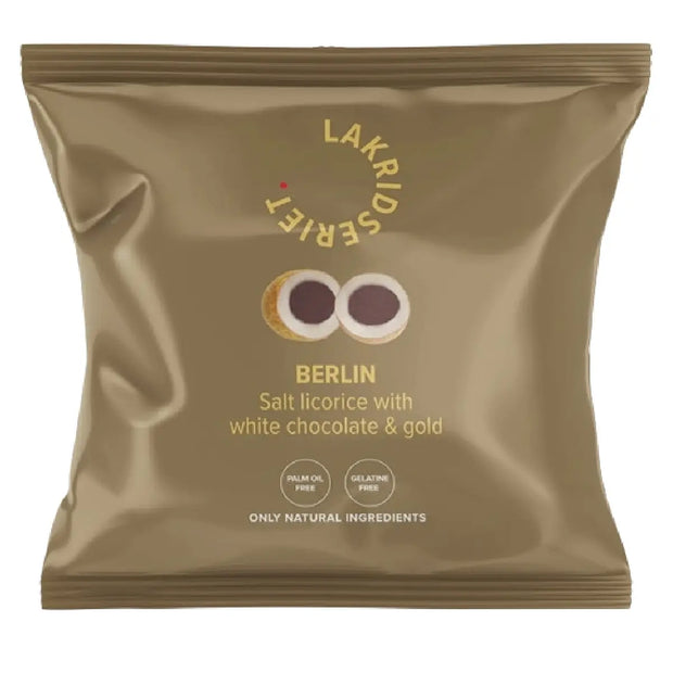 Lakridseriet Berlin salt lakrids med hvid chokolade i lille flowpose, 36 g