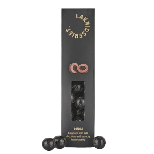 Lakridseriet Dubai lakrids med flødechokolade og sprød crunch i designæske, ca. 170 g