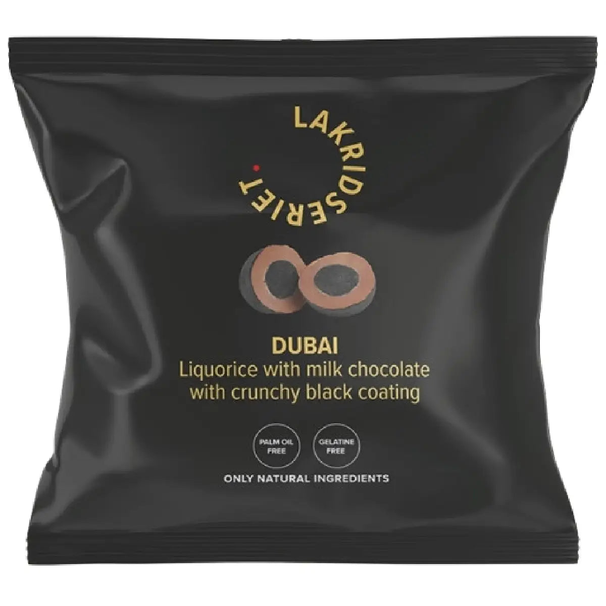Lakridseriet Dubai lakrids med flødechokolade og sprød crunch i lille flowpose, 36 g