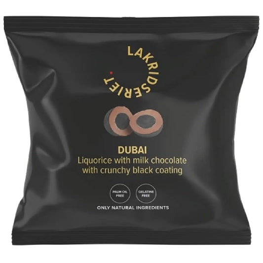 Lakridseriet Dubai lakrids med flødechokolade og sprød crunch i lille flowpose, 36 g