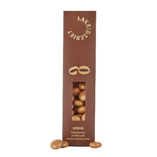Lakridseriet Geneva salmiakpastiller med karamelchokolade i designæske, ca. 170 g