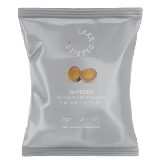 Lakridseriet Hamborg vingummi med chokolade og lakrids i stor flowpose, 95 g