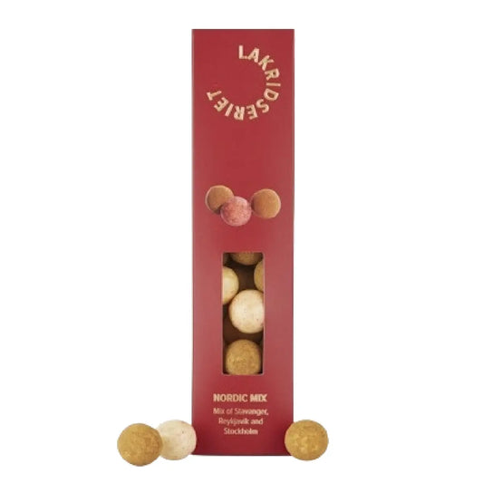 Lakridseriet Nordic Mix med Stavanger, Reykjavik og Stockholm i designæske, ca. 170 g
