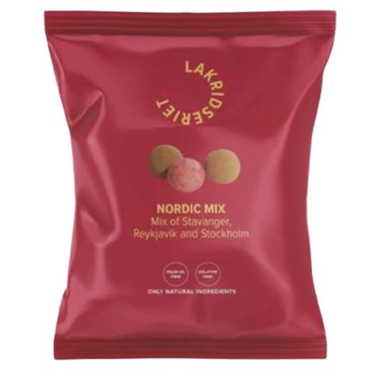 Lakridseriet Nordic Mix med Stavanger, Reykjavik og Stockholm i stor flowpose, 95 g