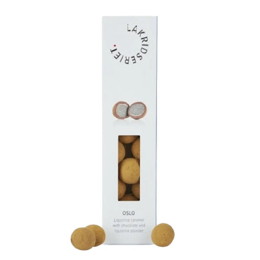 Lakridseriet Oslo lakridskaramel med chokolade og lakrids i designæske, ca. 170 g