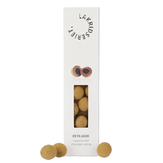 Lakridseriet Reykjavik sød lakrids med flødechokolade i designæske, ca. 170 g