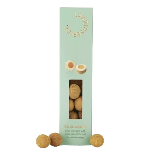 Lakridseriet Rio limevingummi med hvid chokolade og lakrids i designæske, ca. 170 g