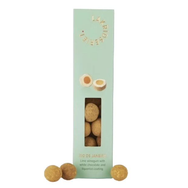 Lakridseriet Rio limevingummi med hvid chokolade og lakrids i designæske, ca. 170 g