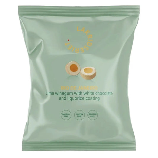 Lakridseriet Rio limevingummi med hvid chokolade i stor flowpose, 95 g