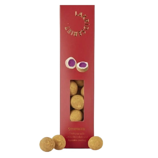 Lakridseriet Stavanger skovbærvingummi med hvid chokolade i designæske, ca. 170 g