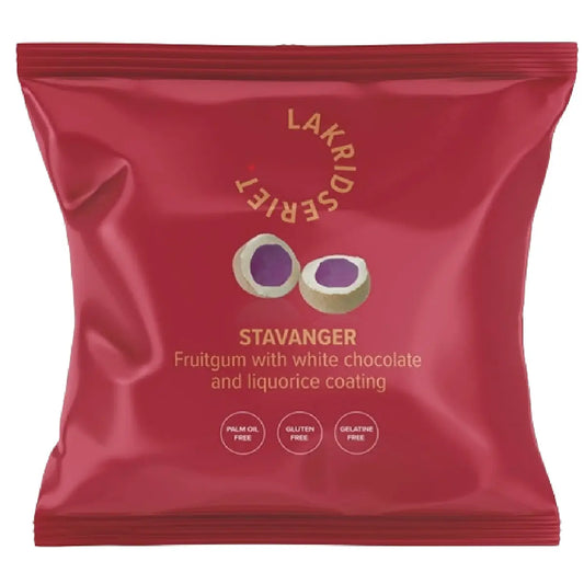 Lakridseriet Stavanger skovbærvingummi med hvid chokolade i lille flowpose, 36 g