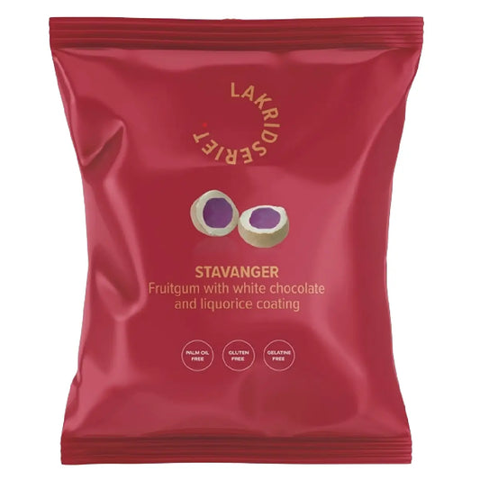 Lakridseriet Stavanger skovbærvingummi med hvid chokolade i stor flowpose, 95 g