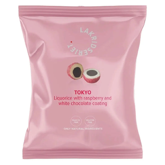 Lakridseriet Tokyo sød lakrids med hvid chokolade og hindbær i stor flowpose, 95 g