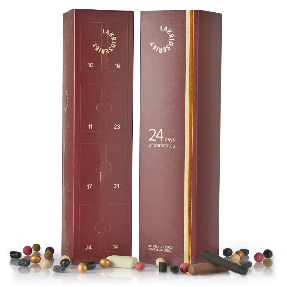 Lakridseriet Ultimativ Lakrids Julekalender XL Bordeaux med 24 stykker lakrids, chokolade, vingummi, mandler og lakridsfudge, 500 g