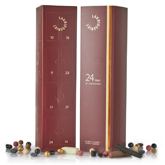 Lakridseriet Ultimativ Lakrids Julekalender XL Bordeaux med 24 stykker lakrids, chokolade, vingummi, mandler og lakridsfudge, 500 g