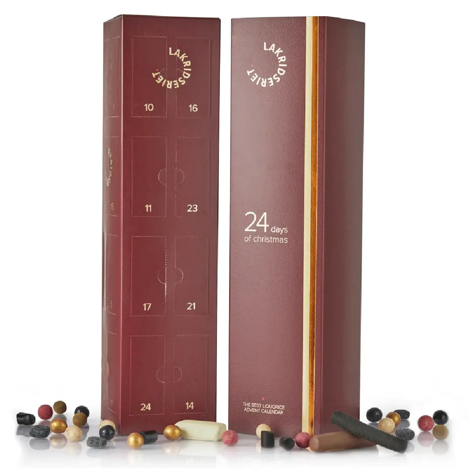Lakridseriet Ultimativ Lakrids Julekalender XL Bordeaux med 24 stykker lakrids, chokolade, vingummi, mandler og lakridsfudge, 500 g