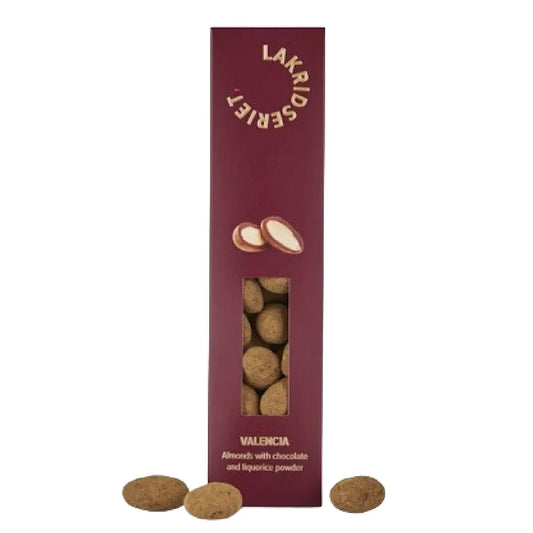 Lakridseriet Valencia mandler med chokolade, lakrids og citrus i designæske, ca. 170 g