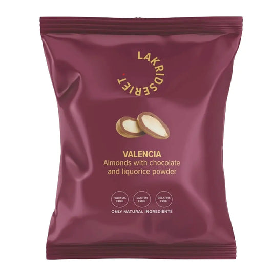 Lakridseriet Valencia mandler med chokolade og lakrids i stor flowpose, 95 g