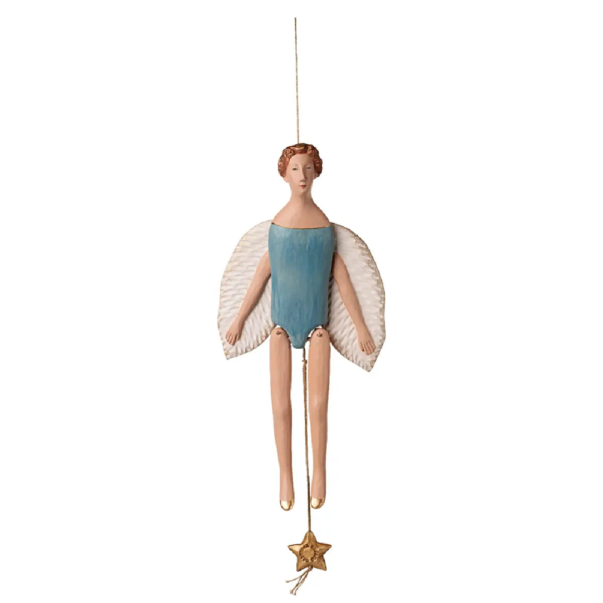Maileg Angel Jumping Jack Large Dark Mint, håndlavet dekorationsengel med sprællemand-funktion, håndmalede detaljer og bløde farvetoner