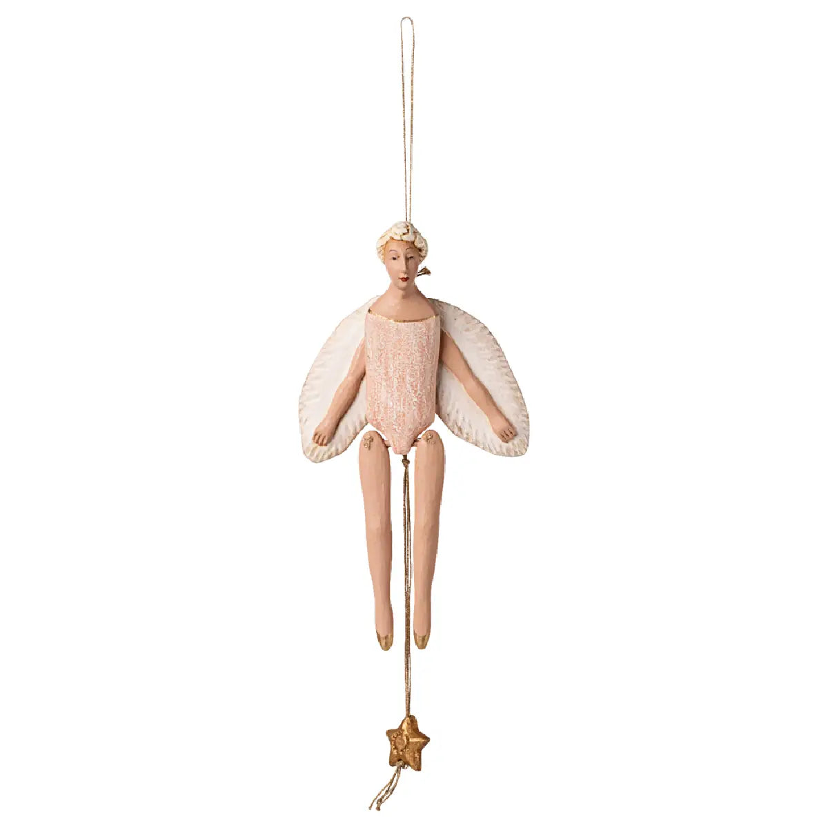 Maileg Angel Jumping Jack Small Rose, håndlavet dekorationsengel med sprællemand-funktion, håndmalede detaljer og rosa farvetoner
