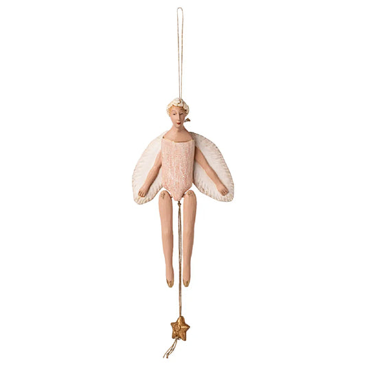 Maileg Angel Jumping Jack Small Rose, håndlavet dekorationsengel med sprællemand-funktion, håndmalede detaljer og rosa farvetoner