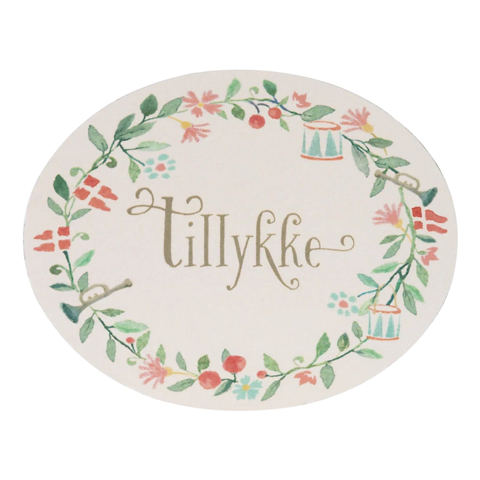 Ovale Maileg Gavekort Tillykke med dekorativt blomstermotiv, 15 stk.