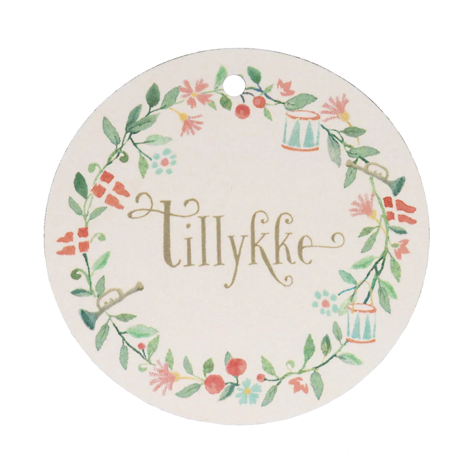 Runde Maileg Gavemærker Tillykke med dekorativt blomstermotiv, 15 stk.