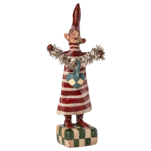 Maileg Petit Noël No. 25, håndmalet nissefigur med guirlande i gaveæske, dekorativ julepynt og samlerfigur