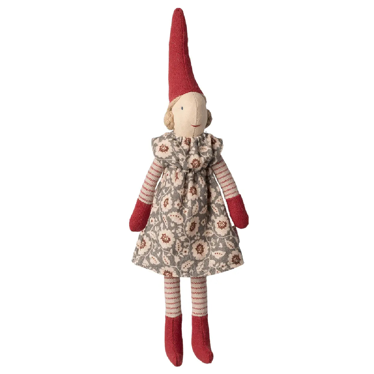 Maileg Pixy Size 1 Girl Winter Mint Dress, nissepige med vinter mint kjole og magnet i hænder og venstre fod, klassisk julenisse fra Maileg