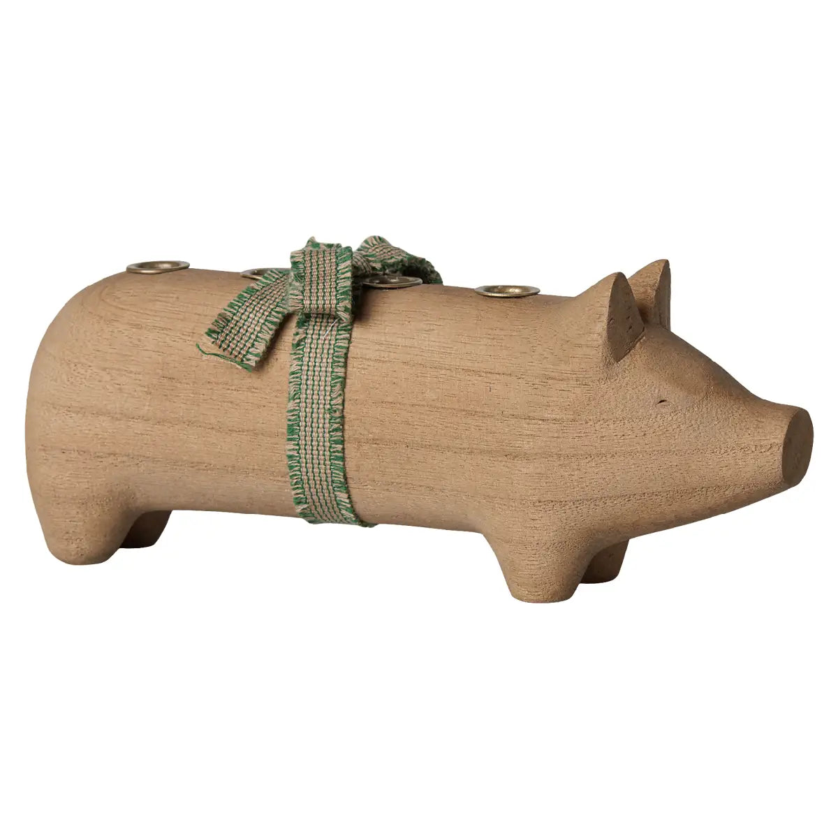 Maileg Wooden Candle Holder Pig Advent Medium Nature med rødt bånd, adventslysestage i træ med gris til fire lys