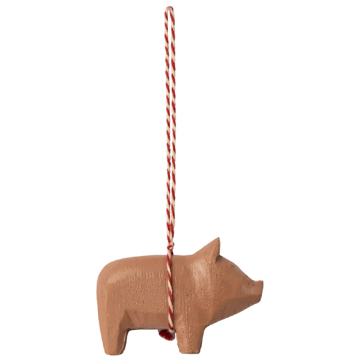 Maileg Wooden Ornament Pig Old Rose, lille håndskåret trægris i gammelrosa med snoet ophængssnor til juletræ og dekoration