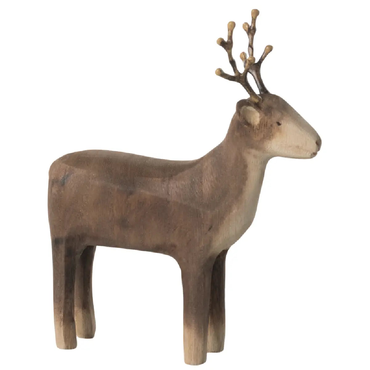 Maileg Wooden Reindeer Small, håndmalet trærensdyr med gevir i metal, dekorativ julepynt til hjemmet