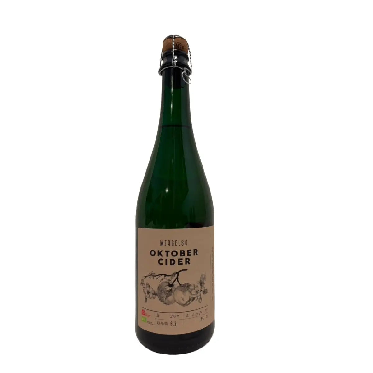 Mergelsø Oktober Cider 75 cl, dansk æblecider med efterårsæbler, restsødme, afbalanceret syre og tanniner samt noter af røde og grønne æbler