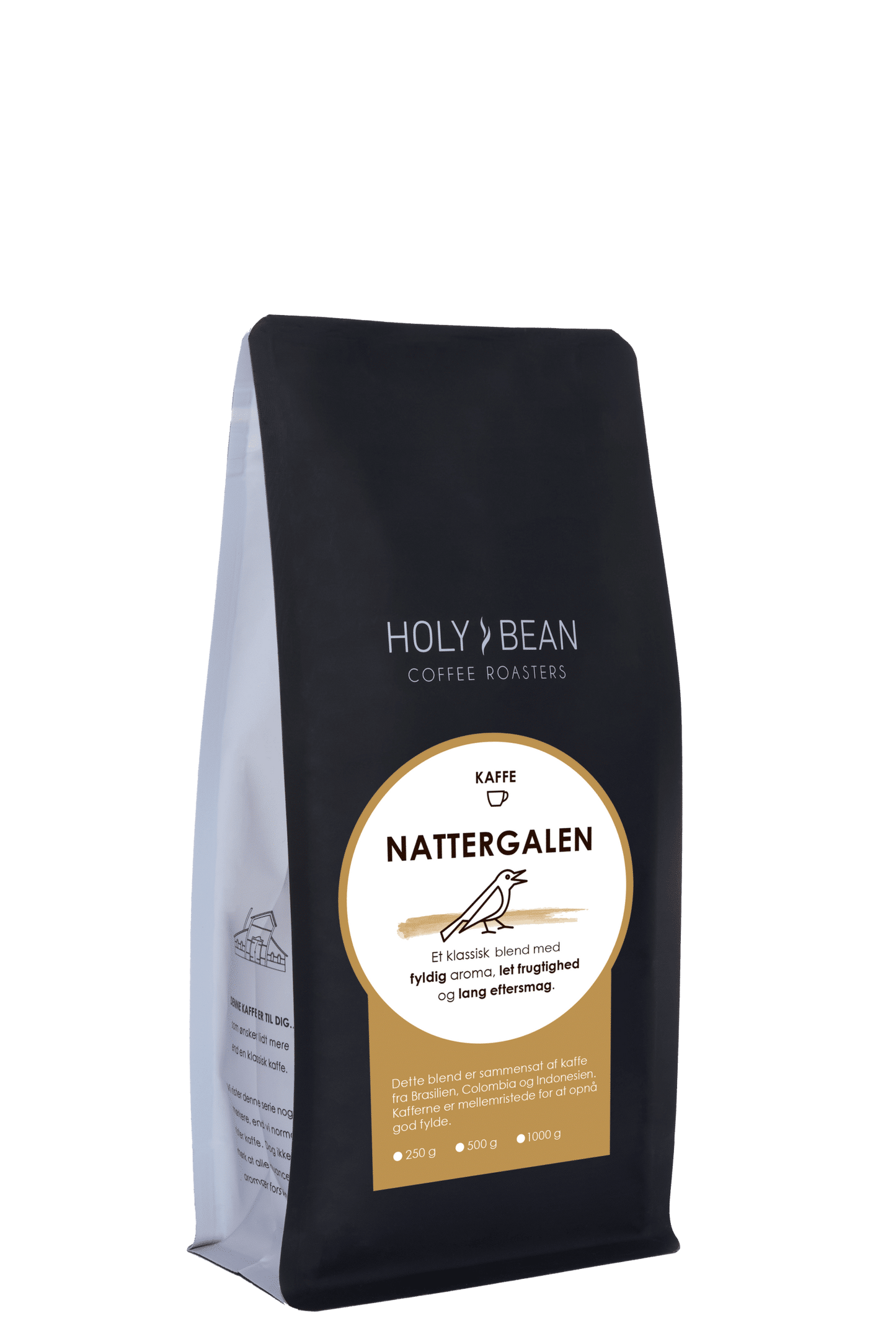 Holy Bean Nattergalen filterkaffe blend med kaffe fra Brasilien, Colombia og Indonesien i 250 g pose