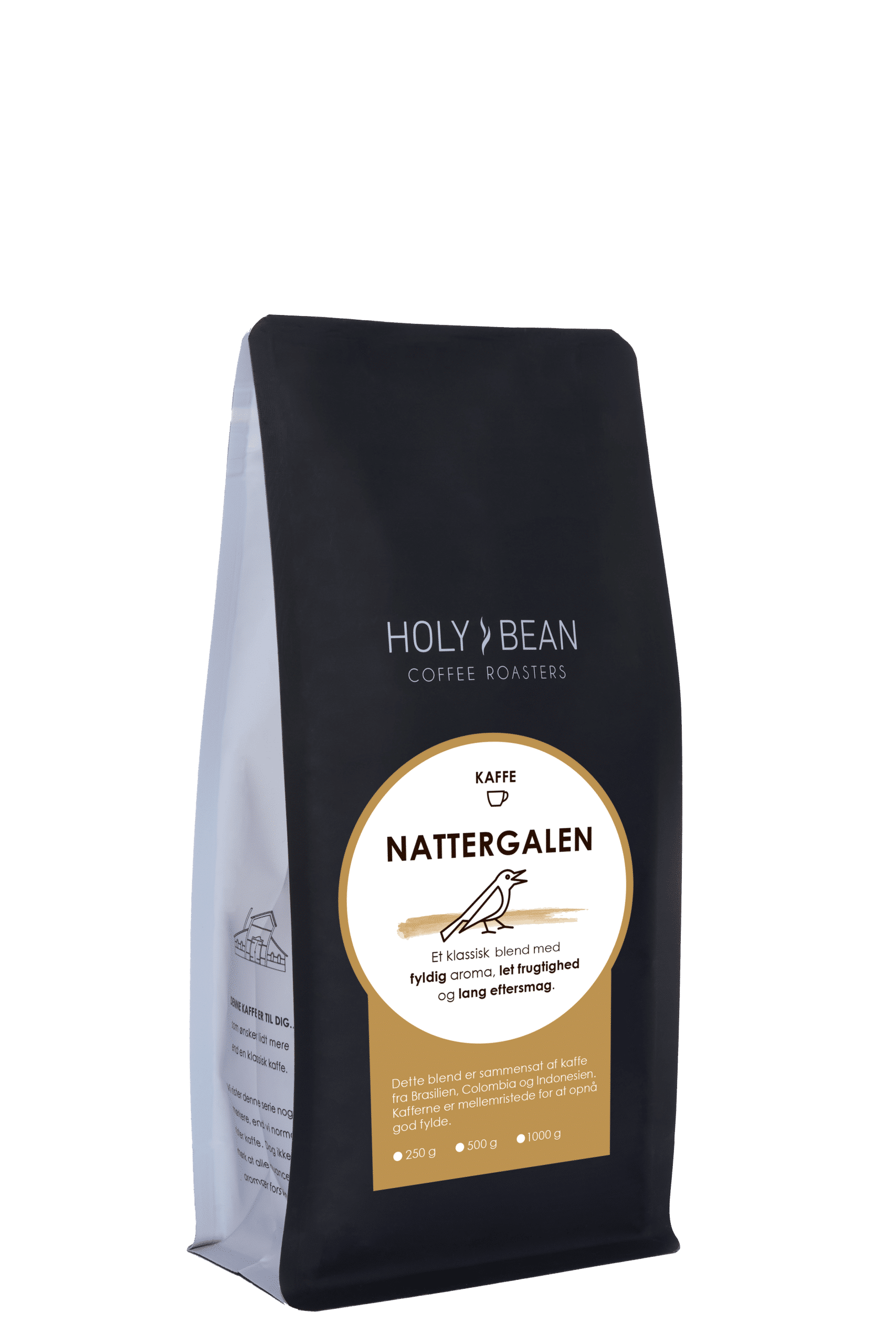 Holy Bean Nattergalen filterkaffe blend med kaffe fra Brasilien, Colombia og Indonesien i 250 g pose