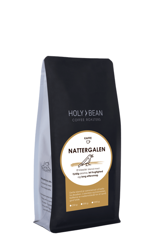 Holy Bean Nattergalen filterkaffe blend med kaffe fra Brasilien, Colombia og Indonesien i 250 g pose