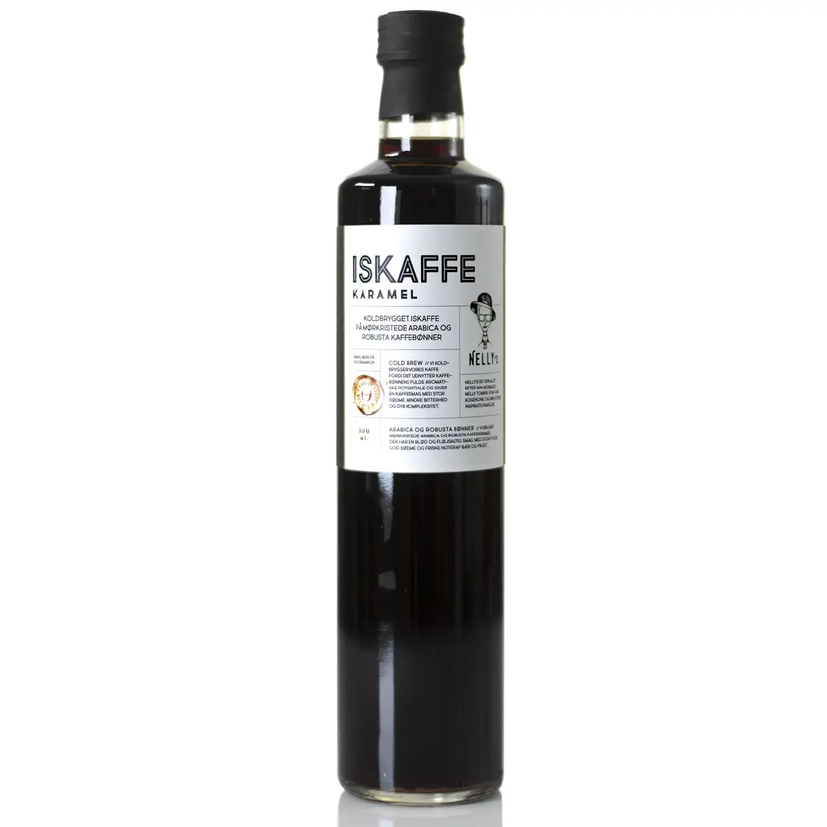 NELLY's Iskaffe Karamel 50 cl – koldbrygget iskaffe med karameliseret sukker for rund sødme og mindre bitterhed, klar til at nyde iskold, flaske med karamelsmag