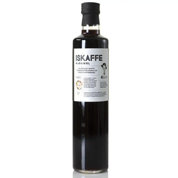 NELLY's Iskaffe Karamel 50 cl – koldbrygget iskaffe med karameliseret sukker for rund sødme og mindre bitterhed, klar til at nyde iskold, flaske med karamelsmag